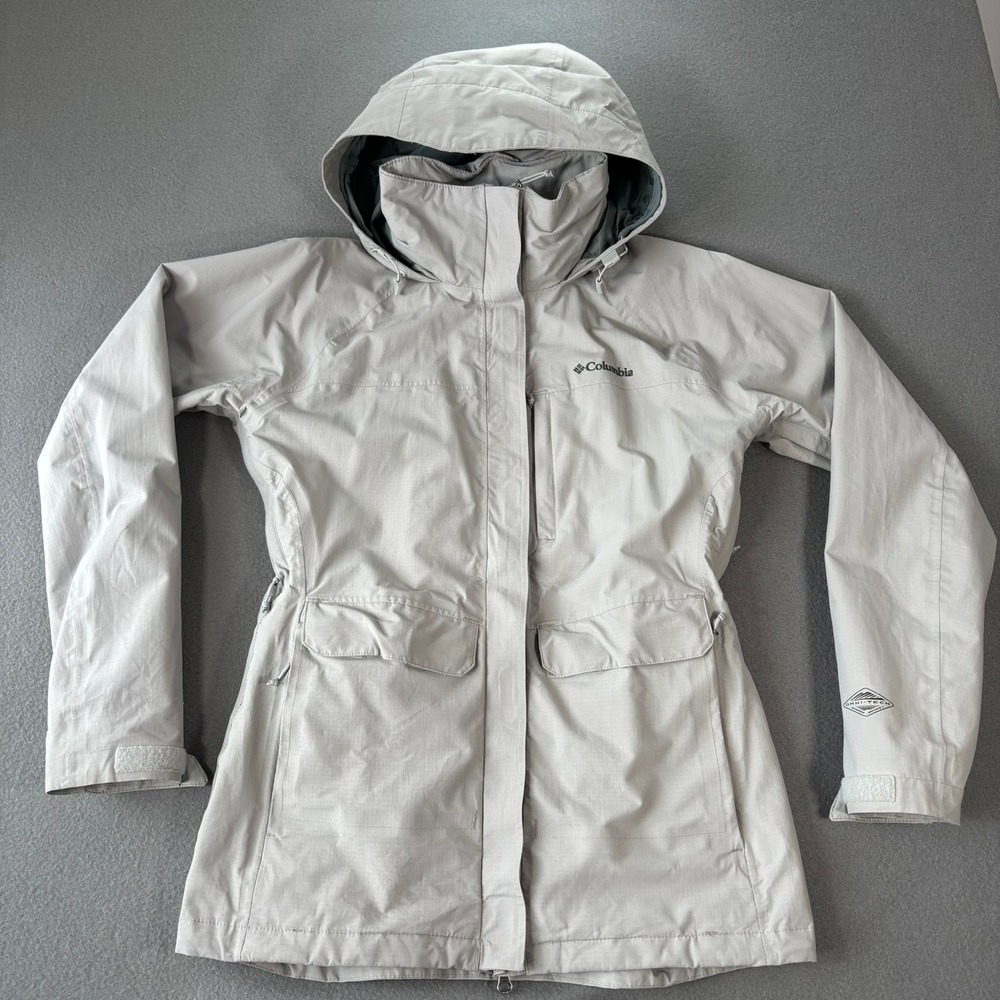 Columbia Rain Jacket Women Medium Gray Good Omni-Tech Waterproof Hooded Parka